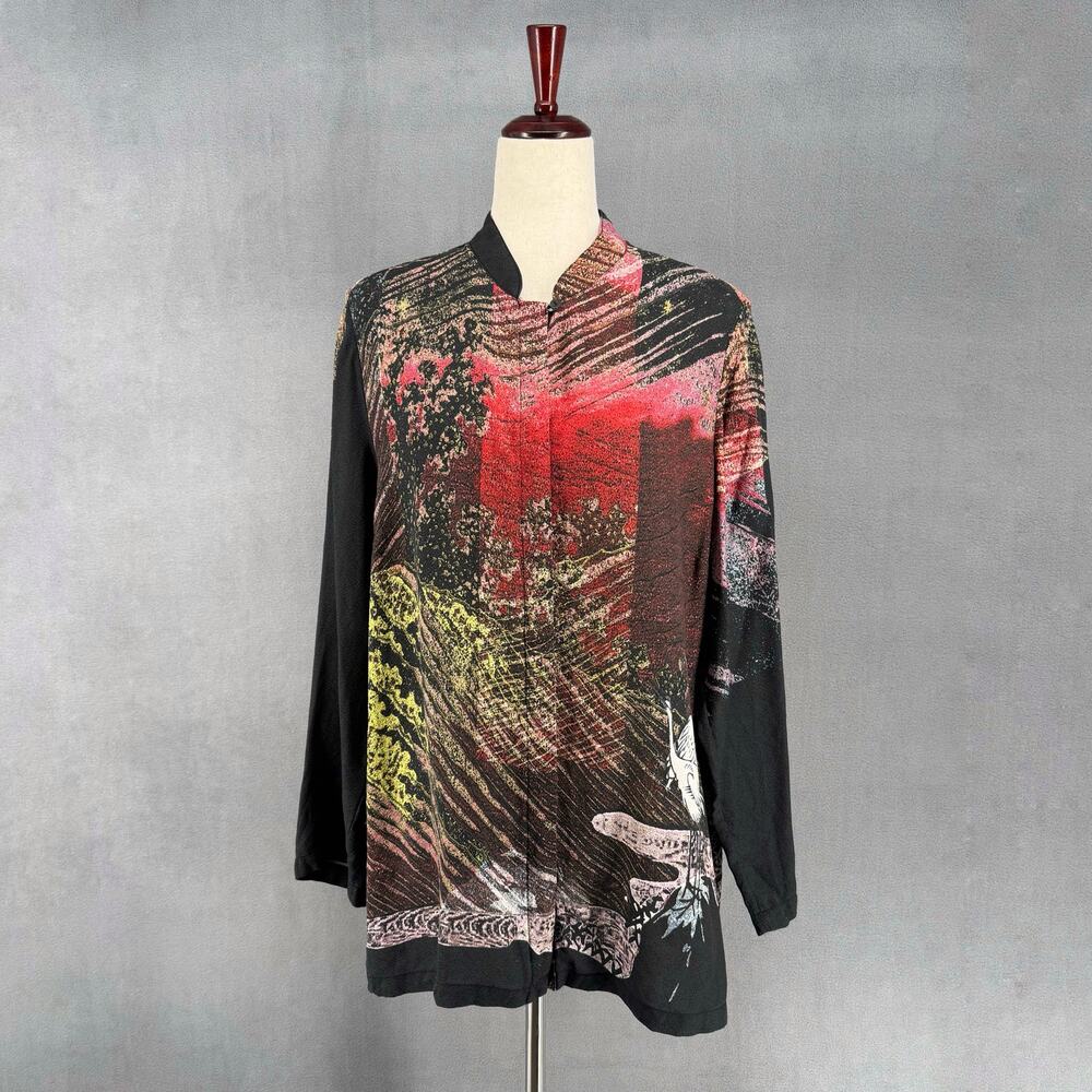 Dressori Silk Button Up Cranes Kimono Blouse Top 0X Artsy Art to Wear Lagenlook
